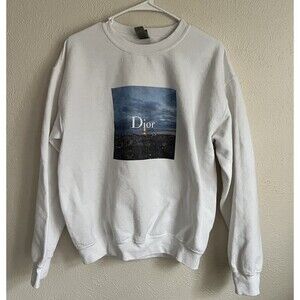 Dior White Graphic Print Knit Pullover Sweatshirt Crew Neck Womens Medium